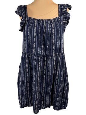 Time And Tru Mini Dress Tiered Tribal Print Blue White Size L Large Ruffle Linen